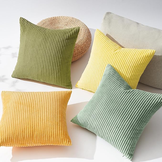 Topfinel Summer Throw Pillows Covers 16x16 Inch Set of 4,Yellow Sage Green Colorful Decorative Vanilla Girl Room Decor Cushion Cases,Couch Sofa Living Room Striped Corduroy Modern Home Decor