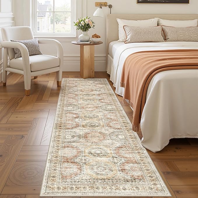 Rug Runners for Hallways Non Slip - 2x8 Runner Rug for Bedroom, Washable Runner with Rubber Backing, Soft Low-Pile Carpet for Kitchen, Laundry, Bathroom (2'x8', Brown/Pink)