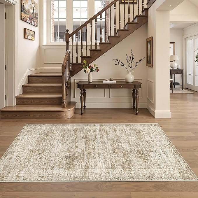 3x5 Washable Area Rug for Entryway, Soft Kitchen Rugs Non Slip for Dining Room, Vintage Abstract Living Room Rug, Thin Area Rugs Indoor for Bedroom, Kids Room Decor(3'x5', Brown/Ivory)
