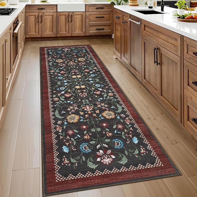 GarveeHome Floral Rug 2.5x8 Runners for Hallways, Boho Kitchen Runner Rugs Non Slip Bath Runners, Vintage Washable Runner Rug for Bedroom, Soft Long Rugs for Entryway Bathroom Laundry Dorm, Red
