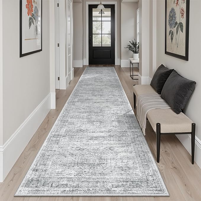 Runner Rug 2'6" x 12' Washable Non-Slip Runner Rugs for Kitchen Bathroom Laundry Room Vintage Ultra Thin Runners for Hallway Entryway Grey
