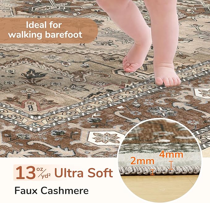 OPPODREAM Soft Area Rugs 5x7, 5x7 Washable Rug with Non Slip Backing, 5 x 7 Faux Cashmere Low-Pile Carpet, Brown