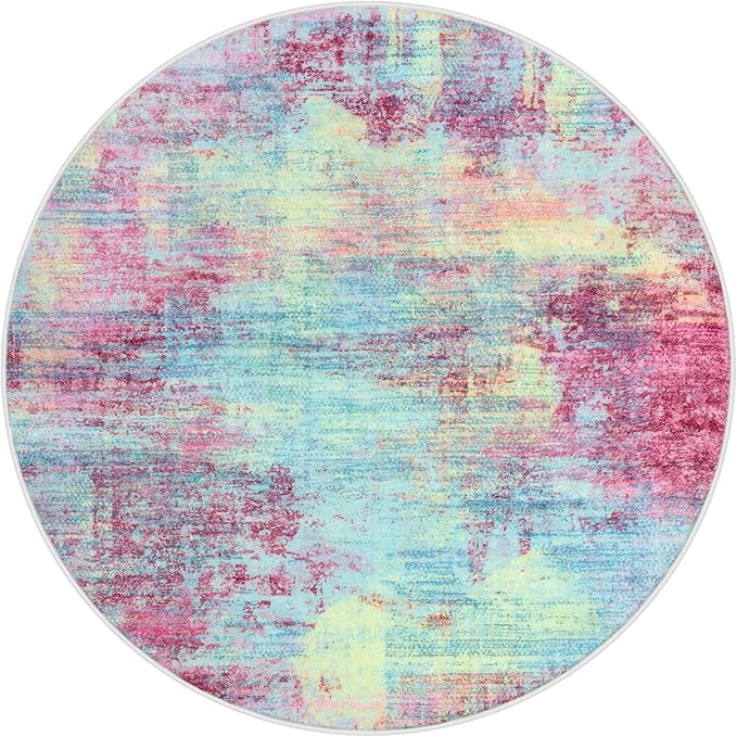 IOHOUZE Abstract Round Area Rug 8 Ft Washable Circle Rugs Large Round Rug Non Slip Thin Soft Circle Rugs, Printed Faux Wool Floor Carpet for Bedroom Living Room Dining Room Nursery, Pink Teal