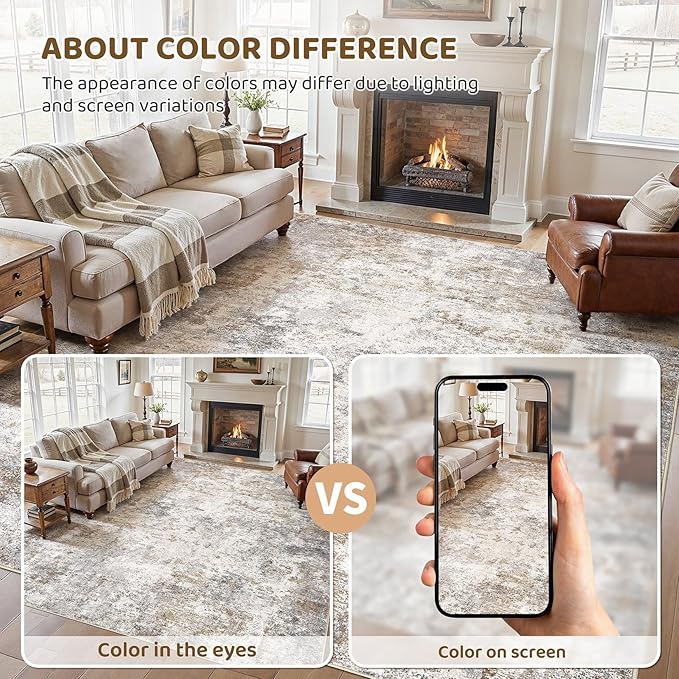UERMEI 9x13 Area Rug Living Room Rugs Thickened - Washable Neutral Modern Abstract Soft Rug Indoor Floor No Slip Rug Carpet for Bedroom Under Dining Table Home Office Decor - Brown Grey