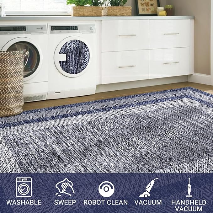 Washable 2.5x10 Kitchen Runner Navy Blue Rug, Easy Clean Geometri Rugs for Hallway Entryway, Indoor Outdoor Non Slip Rug Farmhouse Morden Carpet Door Mat Area Rug for Laundry Room Grey