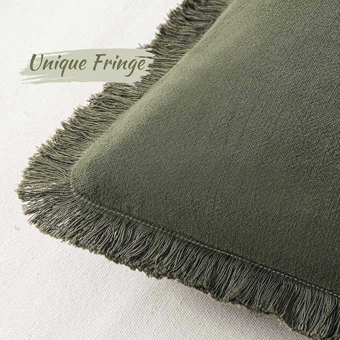 MIULEE Decorative Throw Pillow Covers Neutral Linen Fringe Throw Pillows Set of 2 Olive Green Boho Farmhouse Cushion Covers with Tassels for Couch Sofa Bed Living Room Spring Home Decor 18x18 Inch