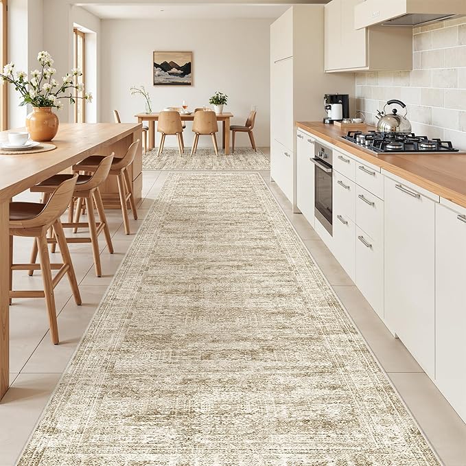 3x14 Washable Runner Rug for Hallway, Non-Slip Long Hallway Runner for Entryway, Soft Vintage Kitchen Mats for Floor, Abstract Dining Room, Bedroom, Living Room Rugs(3'x14', Brown/Ivory)