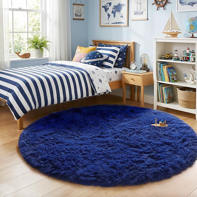 Navy Blue Round Rug 7Ft for Living Room Bedroom, Large Fluffy Fuzzy Circle Area Rugs for Teen Boys Baby Kids, Cute Shaggy Plush Floor Royal Dark Blue Carpet for Dorm Nursery Playroom Decor Aesthetic