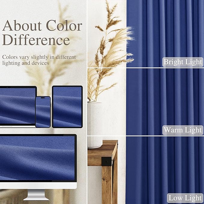 Nanspring Classic Blue Linen Curtains Semi Sheer 96 Inches Long 2 Panels Set for Living Room Back Tab Rod Pocket Light Filtering Drape for Bedroom Modern Farmhouse Coastal Decor Protect Privacy 52x96
