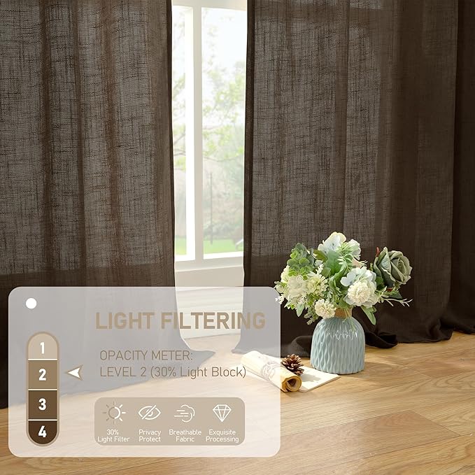 LAMIT Linen Curtains 48 Inch Length 2 Panels, Light Filtering Panels Back Tab and Rod Pocket Neutral Drapes for Kitchen/Window/Loft Room/Bedroom, 34 x 48 Inch, Dark Brown