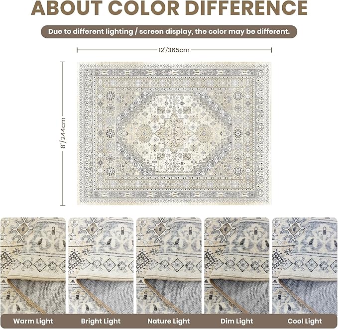 zesthome 8x12 Area Rugs,Stain Resistant Washable Rug,Ultra-Thin Rugs for Living Room,Bedroom,Non-Slip Backing Home Decor Large Area Rug (Beige,8'x12')