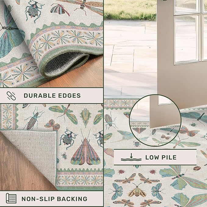 Insect Print 8ft Long Hallway Runner Rug - 2'6''x8' Light Green Rug for Kitchen Floor, Wide Entryway Runner Rug, Washable Non Slip with Rubber Backing, Cool Butterfly Indoor Decor