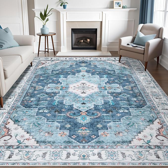 SERISSA Boho 8x10 Area Rugs Blue, Washable Vintage Large Living Room Rug Non-Slip, Ultra Soft Oriental Print Distressed Traditional Farmhouse Carpet for Dining Room Bedroom Dorm Office Home Decor