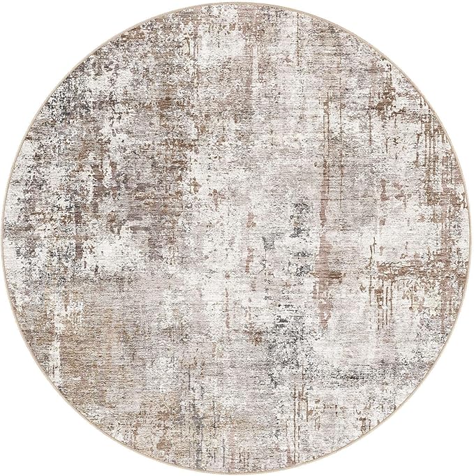 UERMEI 8ft Round Area Rug Living Room Rugs - 8x8 Washable Neutral Modern Abstract Soft Thin Rug Indoor Floor No Slip Rug Carpet for Bedroom Under Dining Table Home Office Decor - Brown/Grey/Red