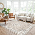 Washable 5x8 Living Room Area Rug: Vintage Water-Resistant Soft Rug for Bedroom Dining Room Non Slip Apartment Low Pile Carpet Thin Floor Mat for Dorm Home Office Printed Beside Rug(5x8，Beige)