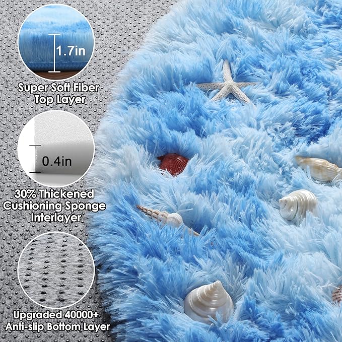 ONASAR Round Rugs 5ft for Bedroom Living Room, Tie-Dye Blue Fluffy Circle Area Rug for Kids Girls Boys Teen, Soft Plush Shaggy Carpet for Nursery Dorm Classroom Playroom Home Decor Aesthetic