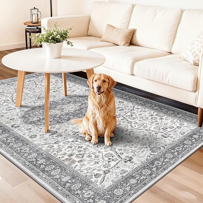 Hallway 4x8 Washable Runner Rug: Oriental Stain Resistant Entryway Kitchen Rug Farmhouse Soft Carpet for Bathroom Bedroom Thin Laundry Room Floor Mat with Non Slip Backing for Pets Family(4x8,Grey)
