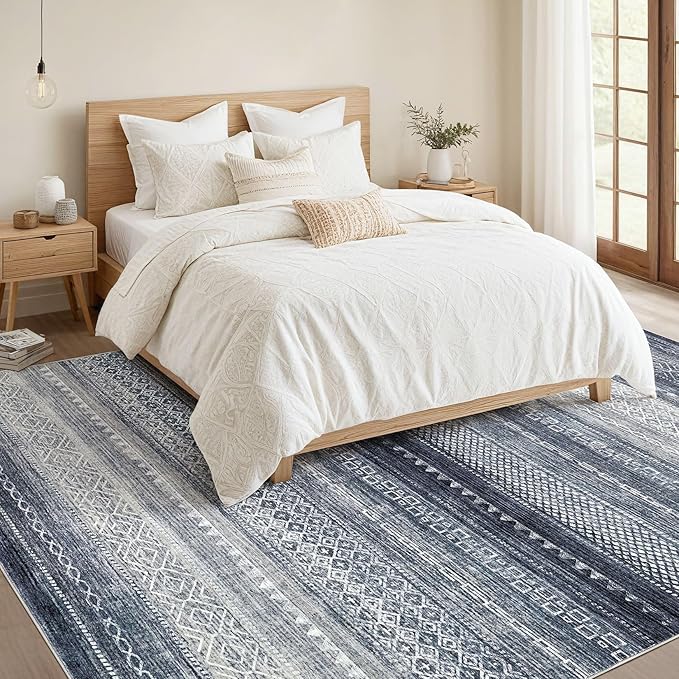 Nakagishi Area Rugs 9x12 Living Room Rug: Washable Boho Large Neutral Modern Soft Stain Resistant Indoor Floor Non-Slip Moroccan Accent Carpet for Bedroom Nursery Kid Playroom Office Dining Room- Blue