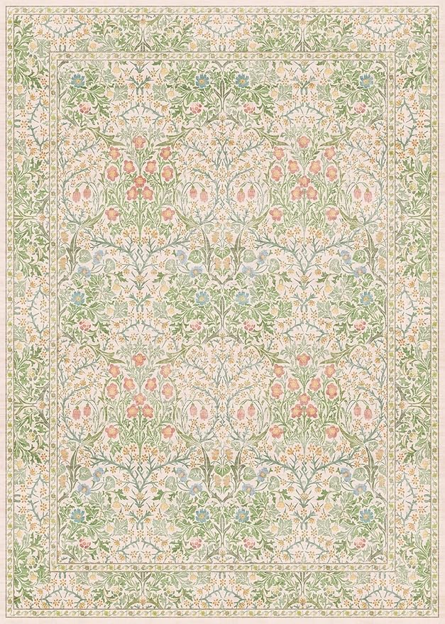 Hazo Haus Beige Green Bedroom Rug 5x7 Area Rug for Living Room, Vintage Washable Floral Rugs for Nursery, Dining Room, Light Green Non Slip Stain Resistance Distressed Retro Low Pile Floor Mat Indoor