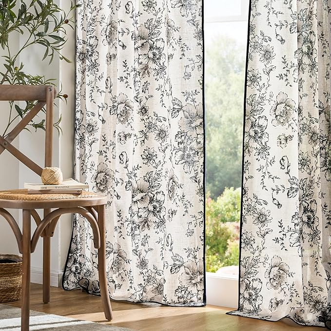 jinchan Linen Blend Floral Curtains French Country Curtain for Living Room 84 Inch Length Black Printed Curtain Rod Pocket Back Tab Farmhouse Peony Flower Patterned Drapes Window Curtains Set 2 Panels