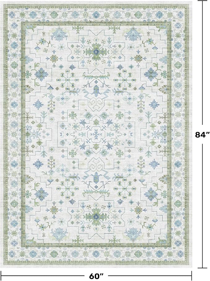 Hazo Haus Oushak Area Rug for Bedroom 5x7 - Blue and Green Vintage Boho Floral Geometric, Washable Low Pile Non Slip Area Rugs for Nursery Room, Foyer, Cozy Aesthetic Room Decor