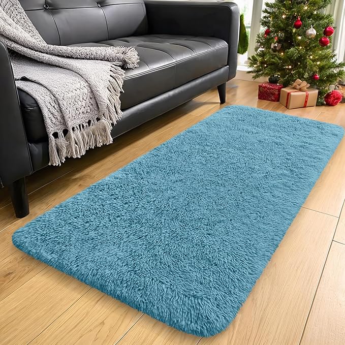 OLANLY 2x5 Machine Washable Runner Rugs for Hallway, Soft Fluffy Shaggy Bedside Rugs for Bedroom, Living Room, Indoor Floor Carpet for Kids Girls and Boys, Home Decor Aesthetic, Slate Blue