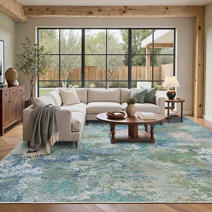 BEIMO Area Rugs 10x14 for Living Room Bedroom, Modern Abstract Machine Washable Rug, Large Soft Low Pile Floor Carpet with Non Slip Backing for Dining Room, Blue Green