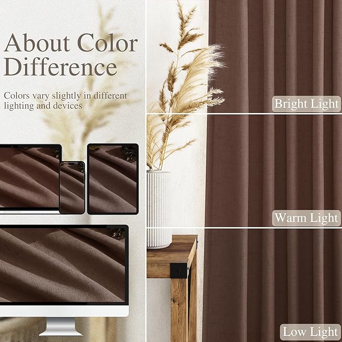 Nanspring Mocha Mousse Curtains 90 Inch Length 2 Panel Set Back Tab Rod Pocket Linen Boho Semi Sheer Light Filtering Neutral Farmhouse Decor for Living Room and Bedroom 52x90