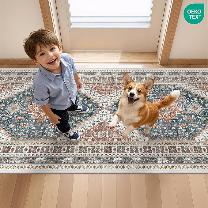 Carpet Runners for Hallway 12ft, Non-Slip Long Bathroom Rugs Runner for Kitchen, Living Room, Soft Vintage Washable Rug for Entryway, Thin Floor Mat for Dining Room(Blue/Red,2.5'x12')