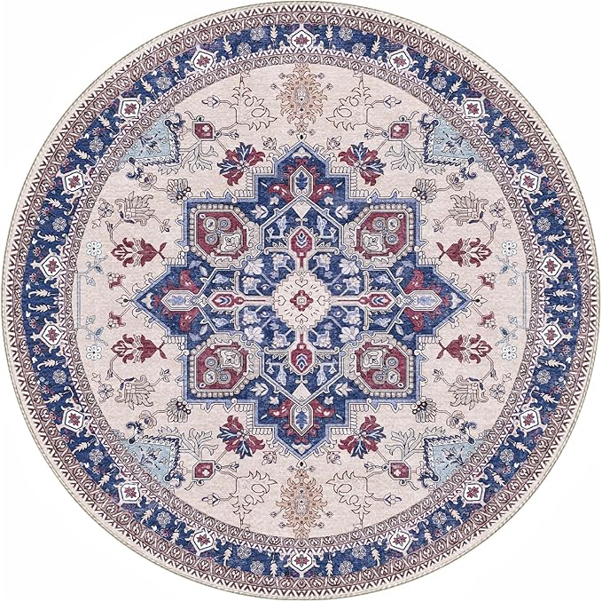 OPPODREAM Soft Round Rug 3ft, Washable Circle Rug 3ft with Non Slip Backing Play Room, Low-Pile Carpet 3 ft, Small Faux Cashmere Throw Carpet, Navy Blue & Red & Cream