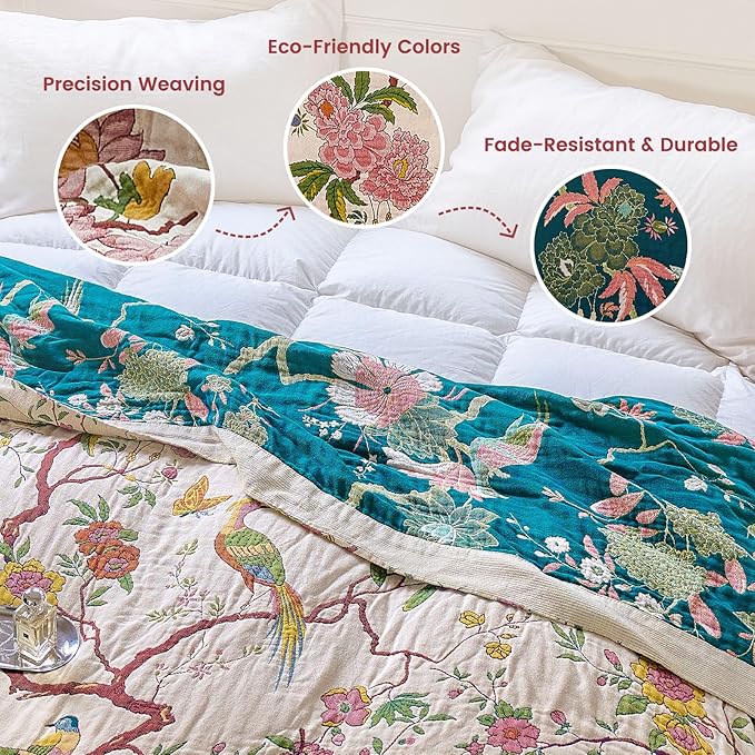 MSGKV The Boho Layer: 60"x80" Cotton Throw Blanket – Full Size for Couch Snuggles, Twin Bed Topper | Lightweight & Breathable Reversible Chinoiserie Floral & Bird Pattern, Decorative Accent