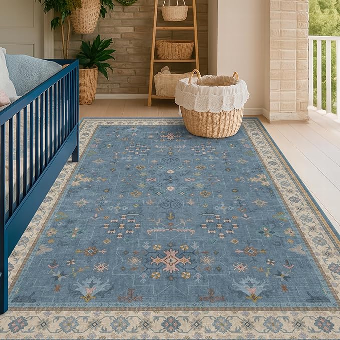 Washable 5x7 Blue Rugs for Kids Room, Boho 5 x 7 Nursery Rug Boys, Colorful Eclectic Low-Pile Carpet for Bedroom, Dining Table, Non-Slip with Rubber Back