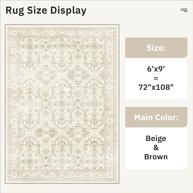 Area Rug 6x9, Washable Rugs, Stain Resistant Gray Area Rugs for Living Room Bedroom Dining Room, Vintage Farmhouse Rug Beige