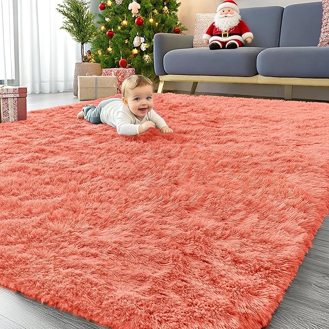 OLANLY 6x9 Machine Washable Large Area Rugs for Living Room, Bedroom, Soft Fluffy Shaggy Bedside Rug, Indoor Floor Carpet for Kids Girls and Boys, Dorms, Nursery, Home Decor Aesthetic, Coral Red