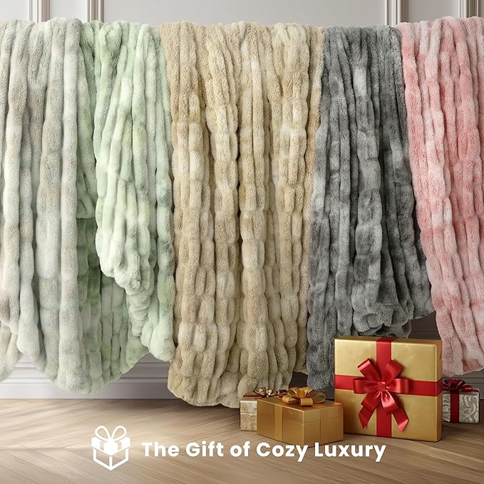 Ultra Soft Cozy Faux Fur Throw Blanket, Fuzzy Plush Thick Bubble Blanket, Oversize Luxury Fluffy Blanket for Couch, Sofa, Bedroom, and Living Room,50x60 Inches,Double Sided Tie-Dye Sage