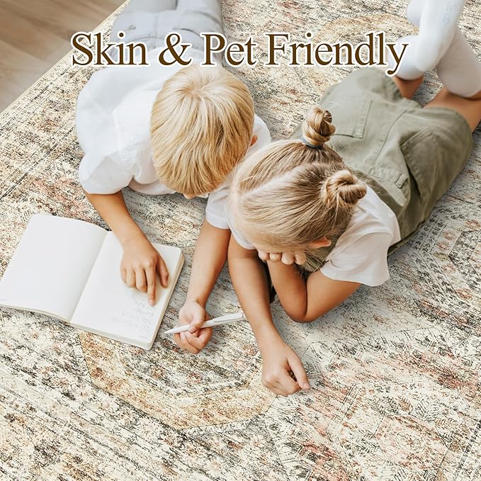 9x12 Area Rugs for Living Room, Non Slip Machine Washable Vintage Rugs, Low Pile Lightweight Large Rug for Bedroom, Dining Room, Home Office Brown Pink