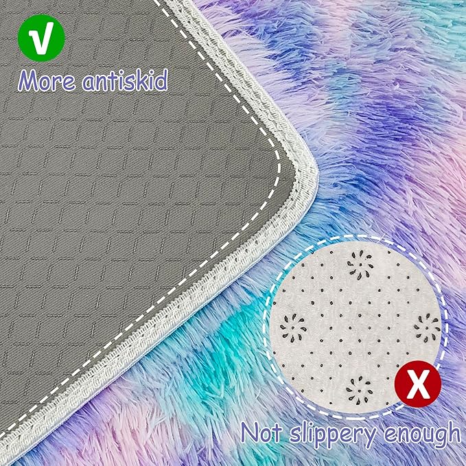 Super Soft Fluffy Living Room Area Rug 2x5 ft Purple Rainbow Tie-Dyed Shaggy Furry Carpet Washable Non-Slip Carpets Bedroom Bedside Nursery Rug Cute Colorful Room Decor for Girls