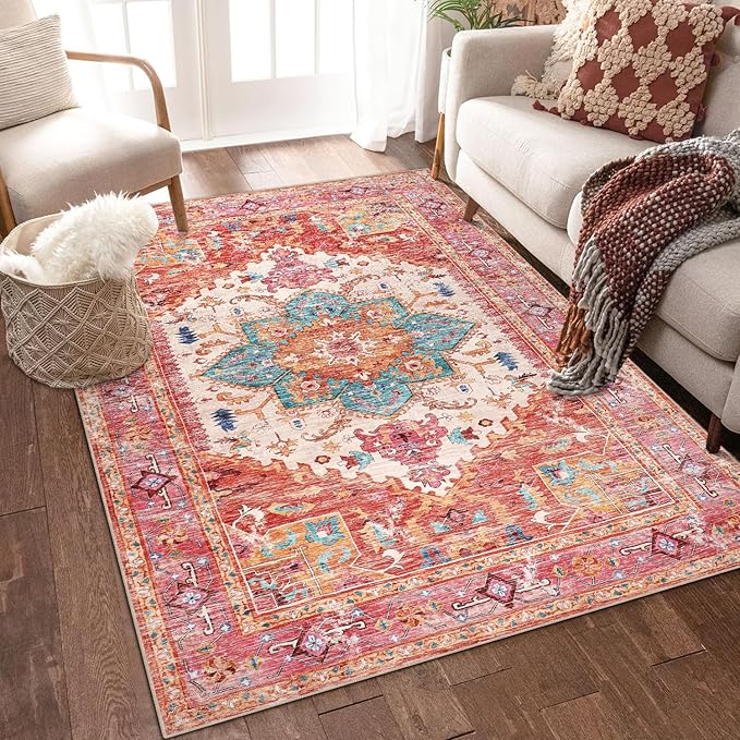 Yamaziot Washable Area Rug, 4x6 Non-Slip Boho Vintage Living Room Bedroom Rug with Rubber Backing, Low Pile Faux Wool Soft Distressed Rug Floor Carpet for Living Room, Laundry, Kids Playroom (Pink)
