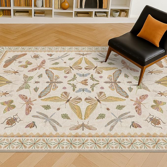 Hazo Haus 3x5 Washable Non-Slip Bathroom Rug, Colorful Insect Rug for Kids Room - Ultra Soft Low Pile Cottagecore Butterfly & Beetle Pattern for Nature-Inspired Home Décor