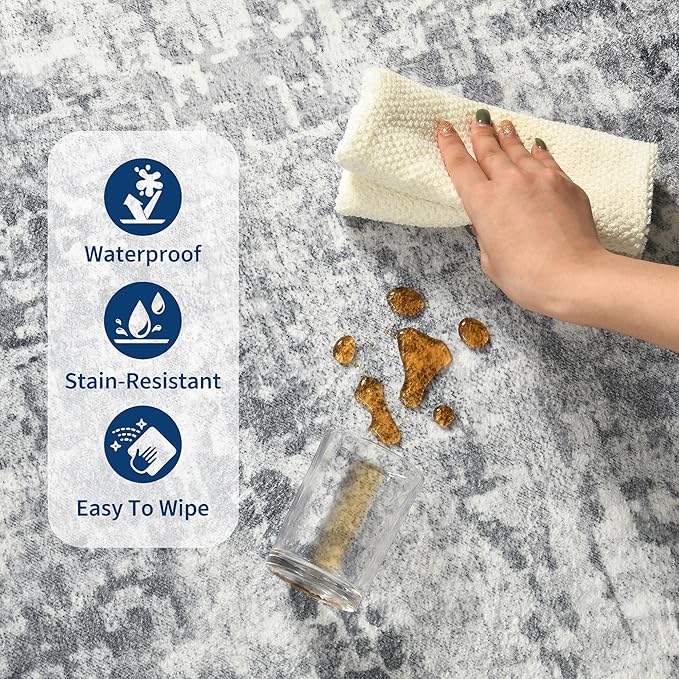 Living Room Rug 9x11 Gray Area Rugs Machine Washable Abstract Boho Large Rug Non-Slip Non-Shedding Faux Wool Indoor Vintage Carpet for Bedroom, Classroom, Dining Room, Kids Playroom