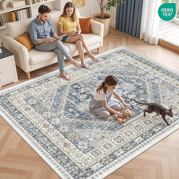 4x6 Area Rugs for Living Room, Non-Slip Backing Small Kids Rugs for Bedroom, Vintage Floral Rug Home Decor, Low Pile Soft Washable Rug for Kitchen, Dining Room (Blue/Beige,4'x6')