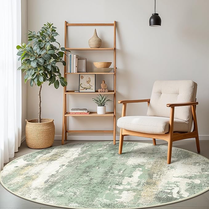 BEIMO Round Rugs 6FT for Living Room Bedroom, Modern Abstract Machine Washable Circle Rug, Soft Low Pile Floor Cover with Non Slip Backing for Dining Room, Light Green