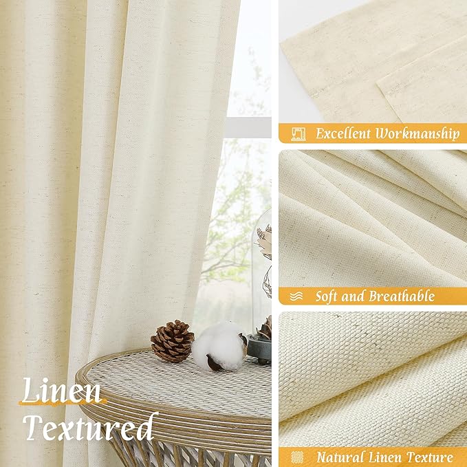 LAMIT Natural Light Beige Linen Curtains 84 inch Long 2 Panels, Soft Thick Linen Blended Light Filtering Living Room Panels Rod Pocket Neutral Drapes for Bedroom/Farmhouse, 52 x 84 Inch