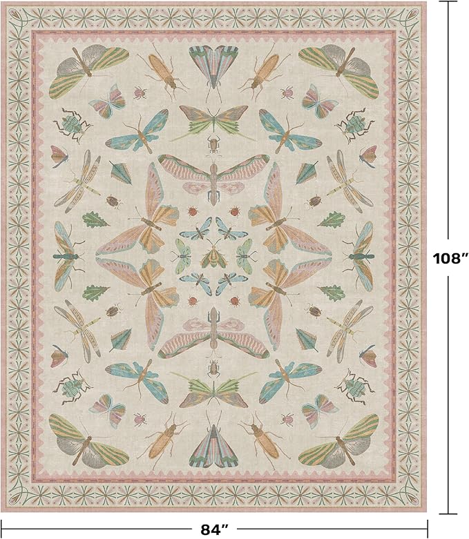 Hazo Haus 7x9 Cute Insect Rugs for Girls Bedroom - Pink and Blue Washable Floral Living Room Rugs, Dining Room Under Table, Insect Print Whimsical Indoor Décor, Low Pile & Soft