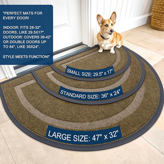 OLANLY Half Circle Door Mat Indoor Outdoor Entrance Welcome, Waterproof All-Season, All-Weather Doormat, Sturdy Natural Rubber, Low Profile, Easy Clean Patio Porch Entryway Mat, 29.5x17, Brown