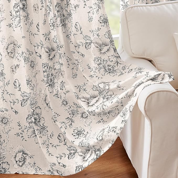 jinchan Linen Blend Curtain Floral Curtains for Living Room 45 Inch Length Black Printed Curtain Rod Pocket Back Tab Farmhouse Peony Flower Patterned Drapes Bedroom Window Curtains Set 2 Panels