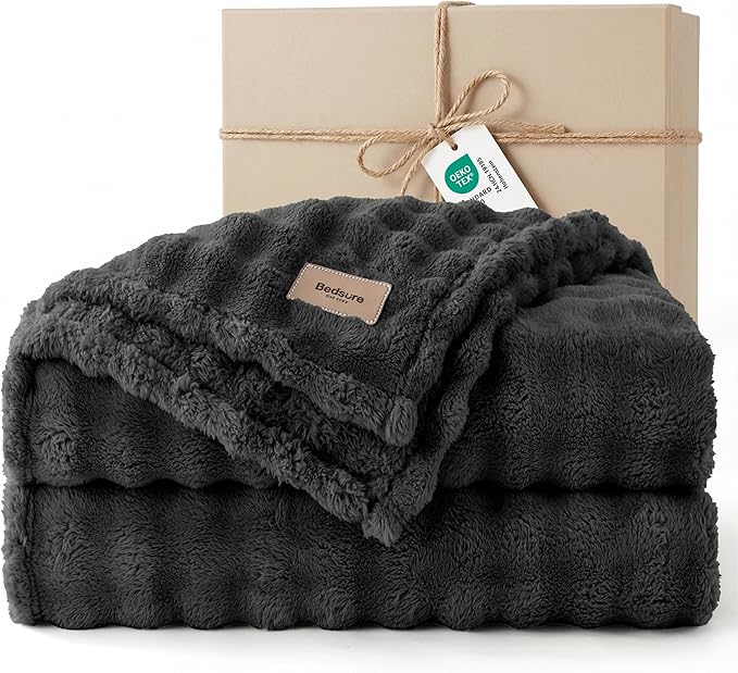 Bedsure 3D Fleece Bubble Blanket - GentleSoft Grey Queen Blanket for Bed Sofa Room Decor - Luxury Soft Cozy Gifts for Kids, Lightweight, All Seasons, Dark Grey, 90"×90"
