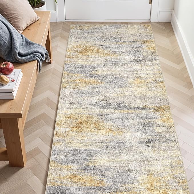 3x6 Washable Kitchen Runner Rug: Modern Abstract Runners for Hallway Soft Non Slip Rugs with Rubber Backing Low Pile Thin Floor Carpet for Entryway Bedroom Bathroom Bedside Indoor(Grey/Yellow,3x6)
