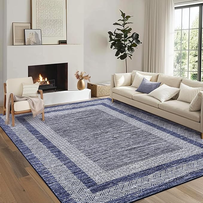GarveeHome Modern Geometric Area Rug 4x6 Distressed Bordered Washable Non Slip Floor Carpet Non Shedding Thin Soft Low Pile Contemporary Navy Blue Rug for Dining Room, Living Room