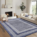 GarveeHome Modern Geometric Area Rug 4x6 Distressed Bordered Washable Non Slip Floor Carpet Non Shedding Thin Soft Low Pile Contemporary Navy Blue Rug for Dining Room, Living Room